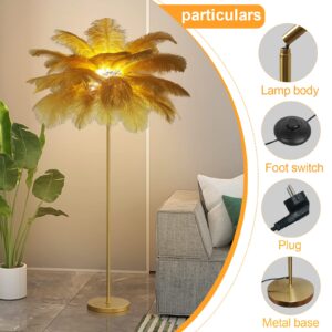 MSFDC Feather Floor Lamps for Living Room, Natural Ostrich Feather Lamp,Modern Floor Lamps,Bedside Feather Standing Lamp,Led Reading Lamp,Feather Lamps for Girl Bedroom Decor, G4*6 Bulb (Gold)