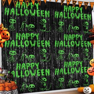 2 Pack Halloween Foil Fringe Curtains Decorations, 3.3 x 6.6 FT Black Tinsel Fringe Curtain Cat Happy Halloween Decorations Indoor Photo Backdrop Streamers for Home Halloween Party Decor