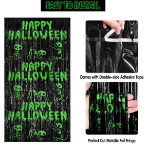 2 Pack Halloween Foil Fringe Curtains Decorations, 3.3 x 6.6 FT Black Tinsel Fringe Curtain Cat Happy Halloween Decorations Indoor Photo Backdrop Streamers for Home Halloween Party Decor