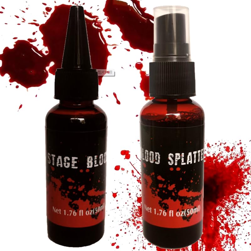 2PCS Halloween Fake Blood Makeup Kit,Fake Blood Spray 1.76oz + Dripping Blood 1.76oz, Realistic Washable Special Effects SFX Makeup Set, for Zombie Vampire Monster Cosplay Mouth Clothes Dress Up