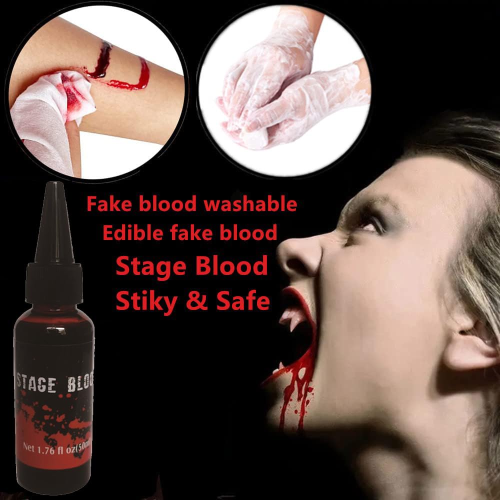 2PCS Halloween Fake Blood Makeup Kit,Fake Blood Spray 1.76oz + Dripping Blood 1.76oz, Realistic Washable Special Effects SFX Makeup Set, for Zombie Vampire Monster Cosplay Mouth Clothes Dress Up