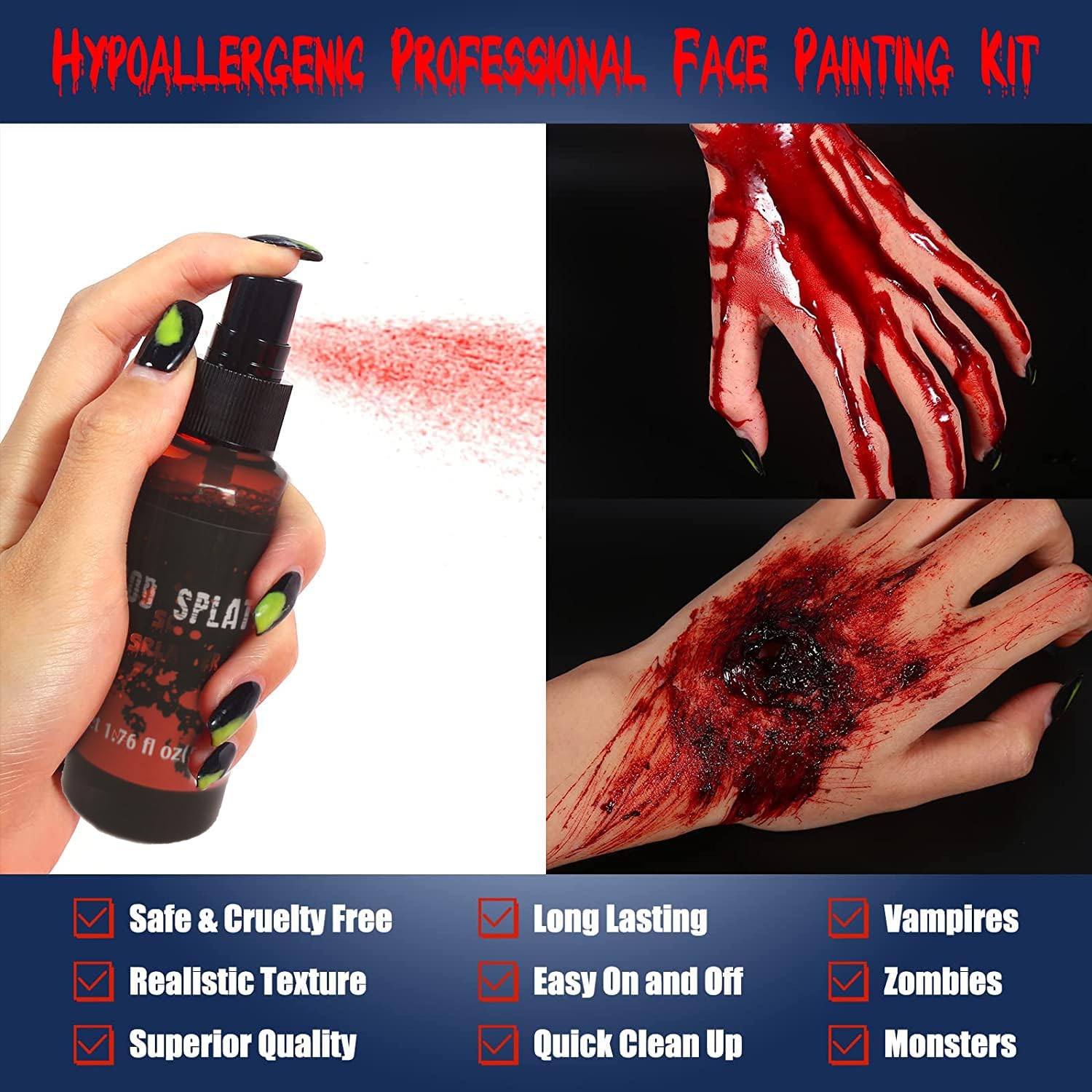 2PCS Halloween Fake Blood Makeup Kit,Fake Blood Spray 1.76oz + Dripping Blood 1.76oz, Realistic Washable Special Effects SFX Makeup Set, for Zombie Vampire Monster Cosplay Mouth Clothes Dress Up