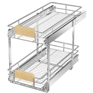 lovmor 2 tier pull out cabinet organizer 10½" w x 21½" d, slide out drawers with wooden handle, sliding shelves organization and storage for kitchen, pantry