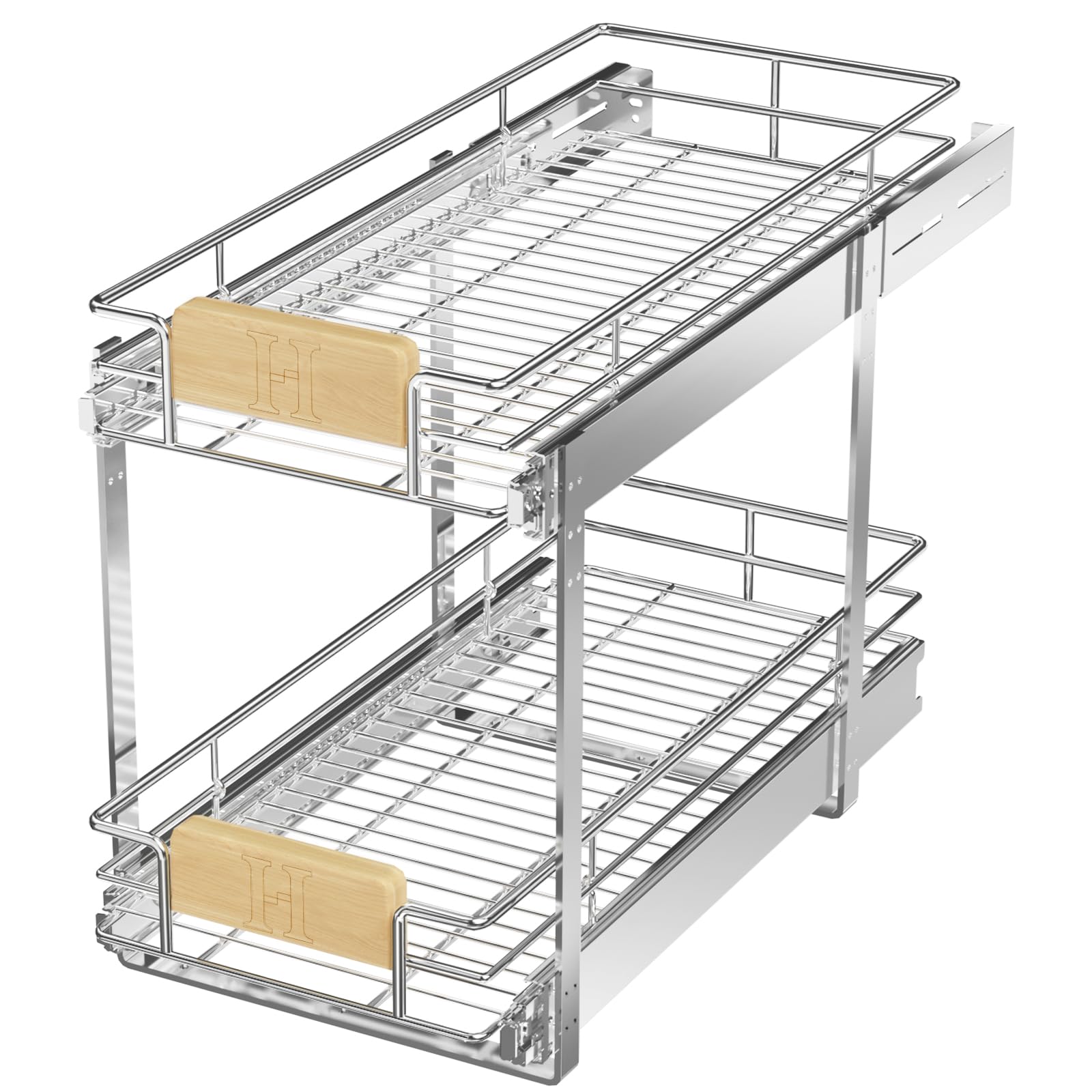 LOVMOR 2 Tier Pull Out Cabinet Organizer 10½" W x 21½" D, Slide Out Drawers with Wooden Handle, Sliding Shelves Organization and Storage for Kitchen, Pantry