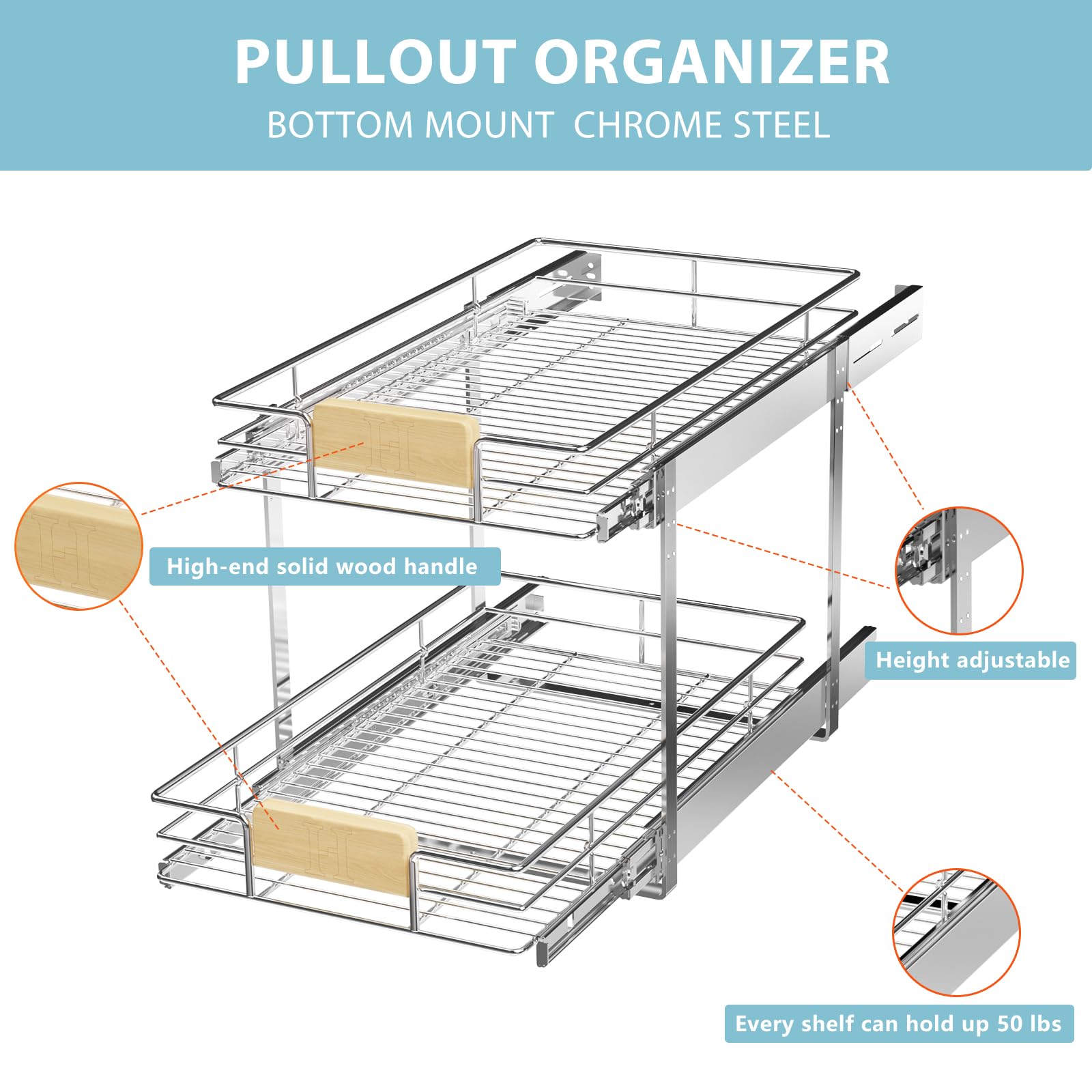 LOVMOR 2 Tier Pull Out Cabinet Organizer 10½" W x 21½" D, Slide Out Drawers with Wooden Handle, Sliding Shelves Organization and Storage for Kitchen, Pantry