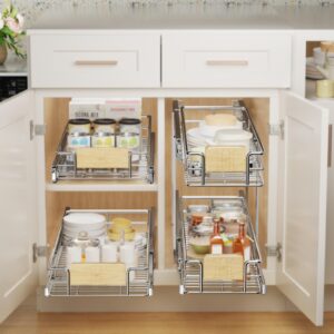 LOVMOR 2 Tier Pull Out Cabinet Organizer 10½" W x 21½" D, Slide Out Drawers with Wooden Handle, Sliding Shelves Organization and Storage for Kitchen, Pantry