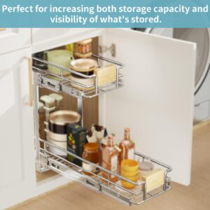 LOVMOR 2 Tier Pull Out Cabinet Organizer 10½" W x 21½" D, Slide Out Drawers with Wooden Handle, Sliding Shelves Organization and Storage for Kitchen, Pantry