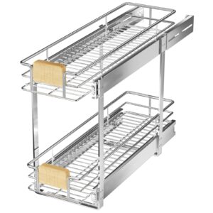 lovmor 2 tier pull out cabinet organizer 7½" w x 21½" d, slide out drawers with wooden handle, sliding shelves organization and storage for kitchen, pantry