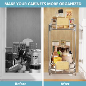 LOVMOR 2 Tier Pull Out Cabinet Organizer 7½" W x 21½" D, Slide Out Drawers with Wooden Handle, Sliding Shelves Organization and Storage for Kitchen, Pantry