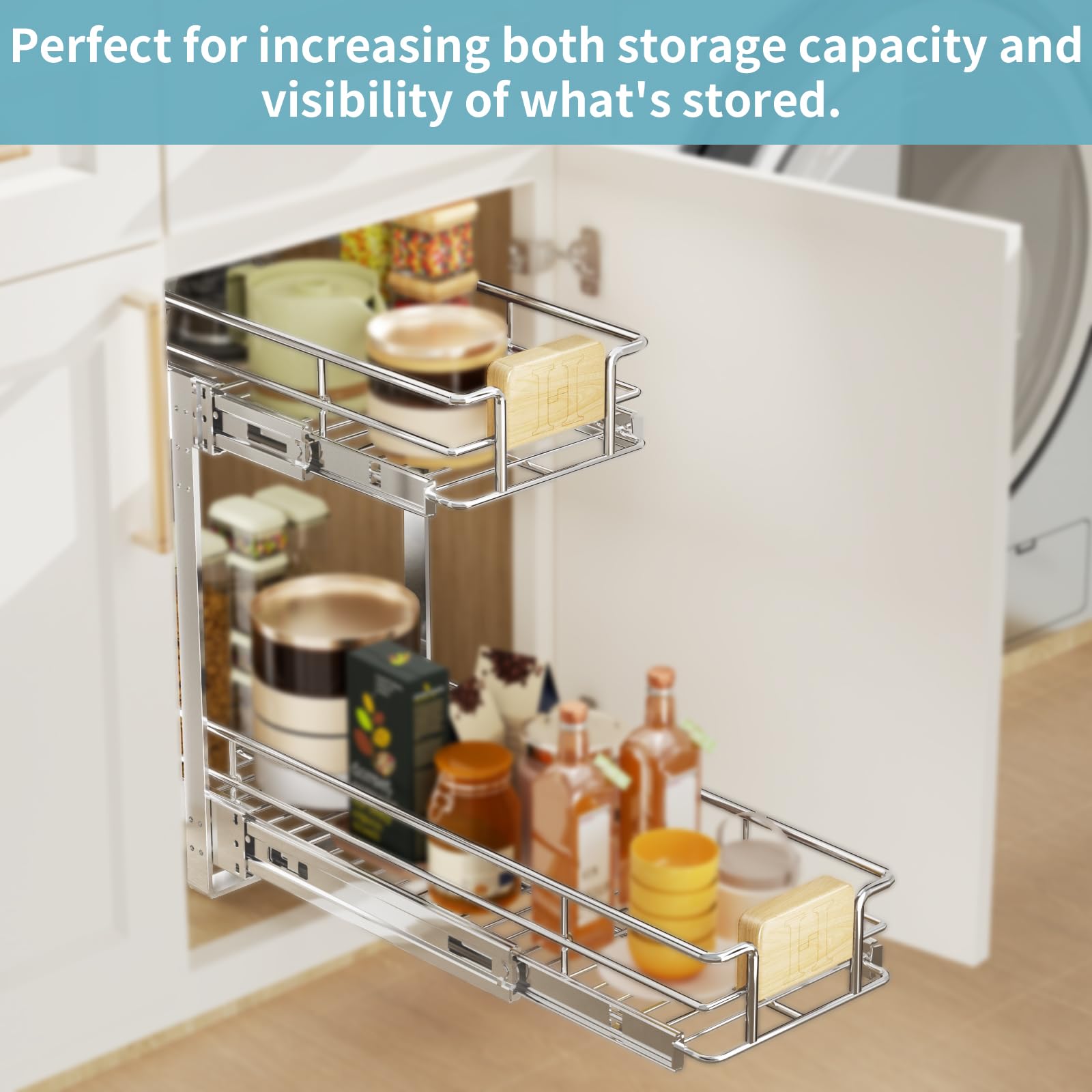 LOVMOR 2 Tier Pull Out Cabinet Organizer 7½" W x 21½" D, Slide Out Drawers with Wooden Handle, Sliding Shelves Organization and Storage for Kitchen, Pantry