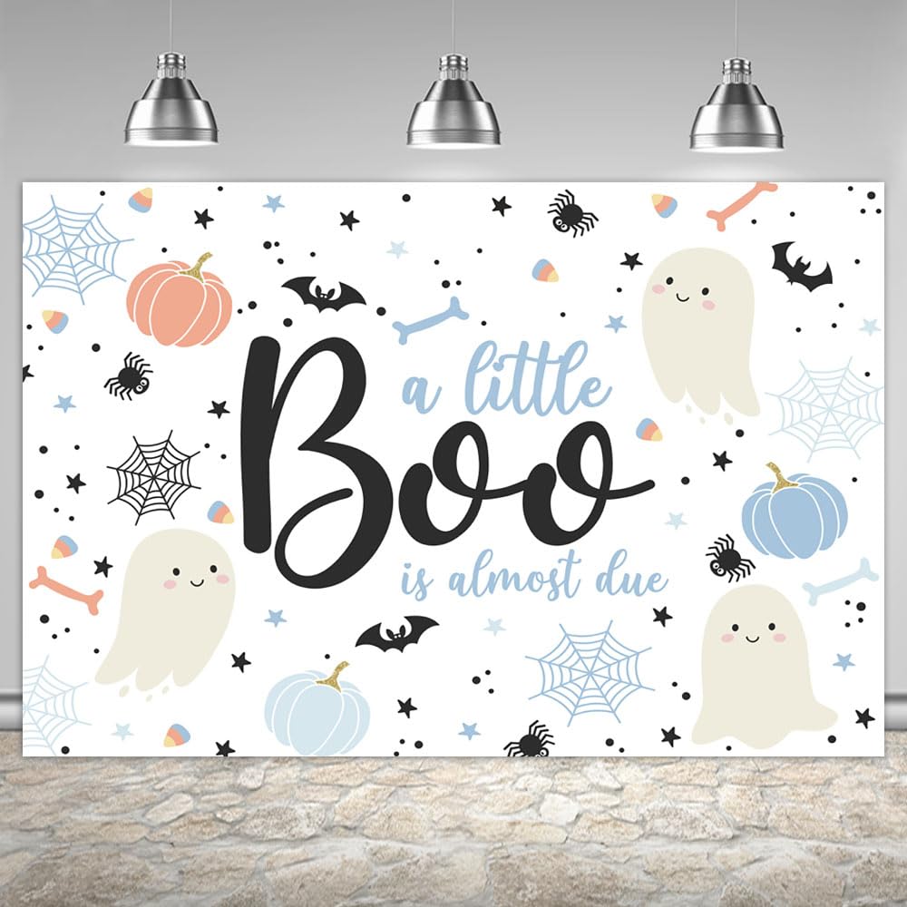 Ticuenicoa 6×4ft Halloween Baby Shower Backdrop A Little Boo is Almost Due Blue Ghost Bat Pumpkin Boys Kids Hey Boo 1st Birthday Party Photography Background First Birthday Party Banner Decor