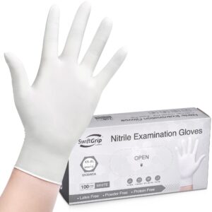 swiftgrip disposable nitrile exam gloves, 3-mil, small, box of 100, white nitrile gloves disposable latex free for medical, cleaning, cooking & esthetician, food-safe, powder-free, non-sterile
