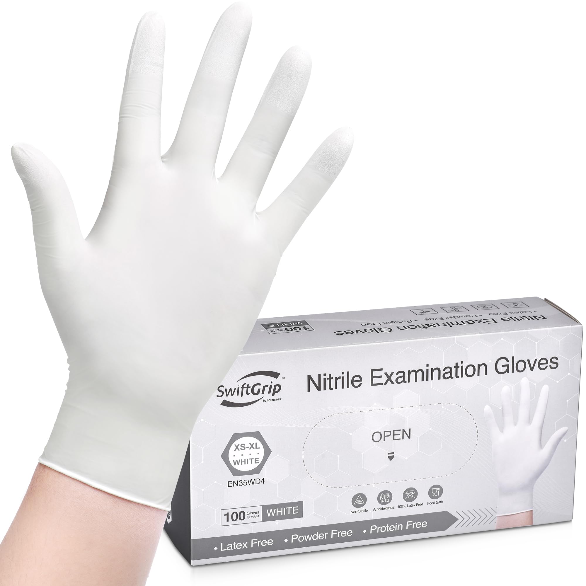 SwiftGrip Disposable Nitrile Exam Gloves, 3-mil, Small, Box of 100, White Nitrile Gloves Disposable Latex Free for Medical, Cleaning, Cooking & Esthetician, Food-Safe, Powder-Free, Non-Sterile