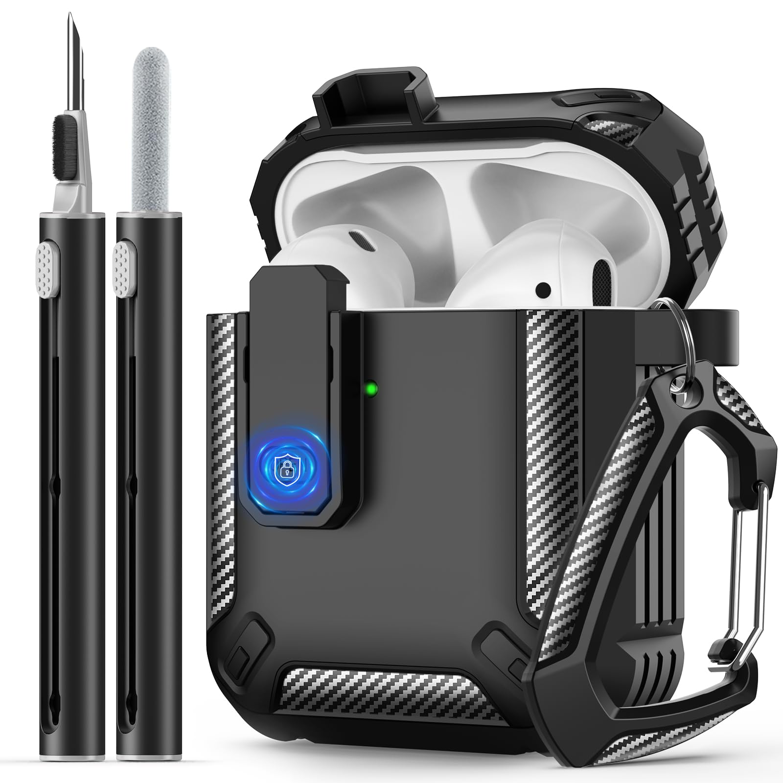 Polislime for AirPods Cover Case with Cleaner kit,Carbon Fiber Full Body Shockproof Hard Shell Protection Design Case for Apple AirPods 2nd/1st Generation [with Secure Lock Clip]-Black