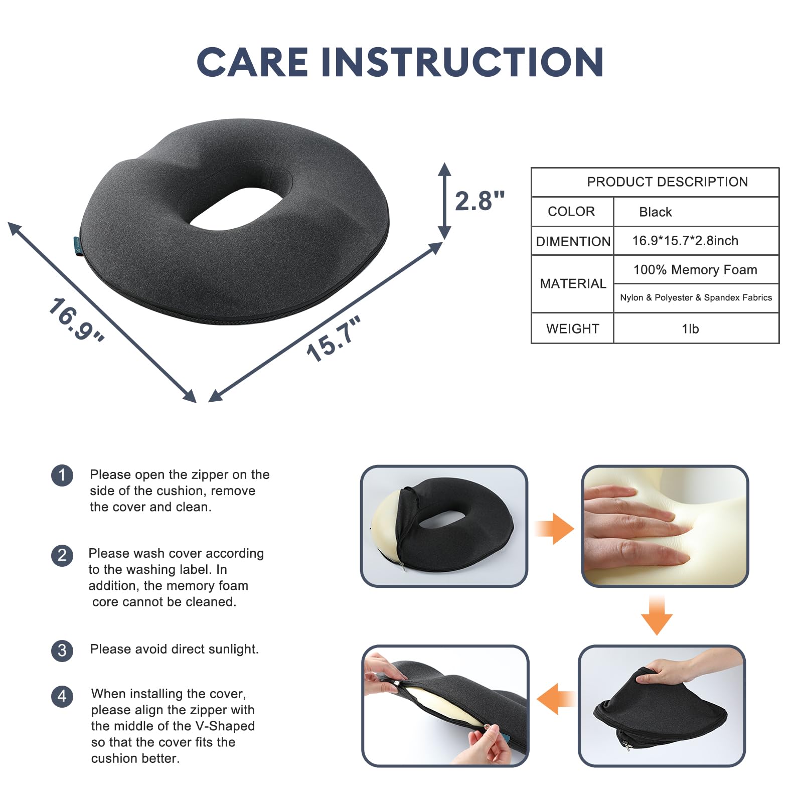 CosyLife 2023 Upgraded Donut Pillow Seat Cushion[ 2 Sets Seat Covers]-Relieve Pain and Pressure for Hip Tailbone & Coccyx, Sciatica | High Density Memory Foam for Office/Home/Travel(Black)