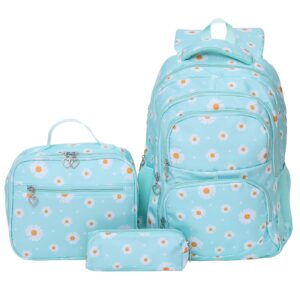 niweiya 3-piece daisy backpack print girls backpack waterproof children's schoolbag set student daily lunch bag (green)