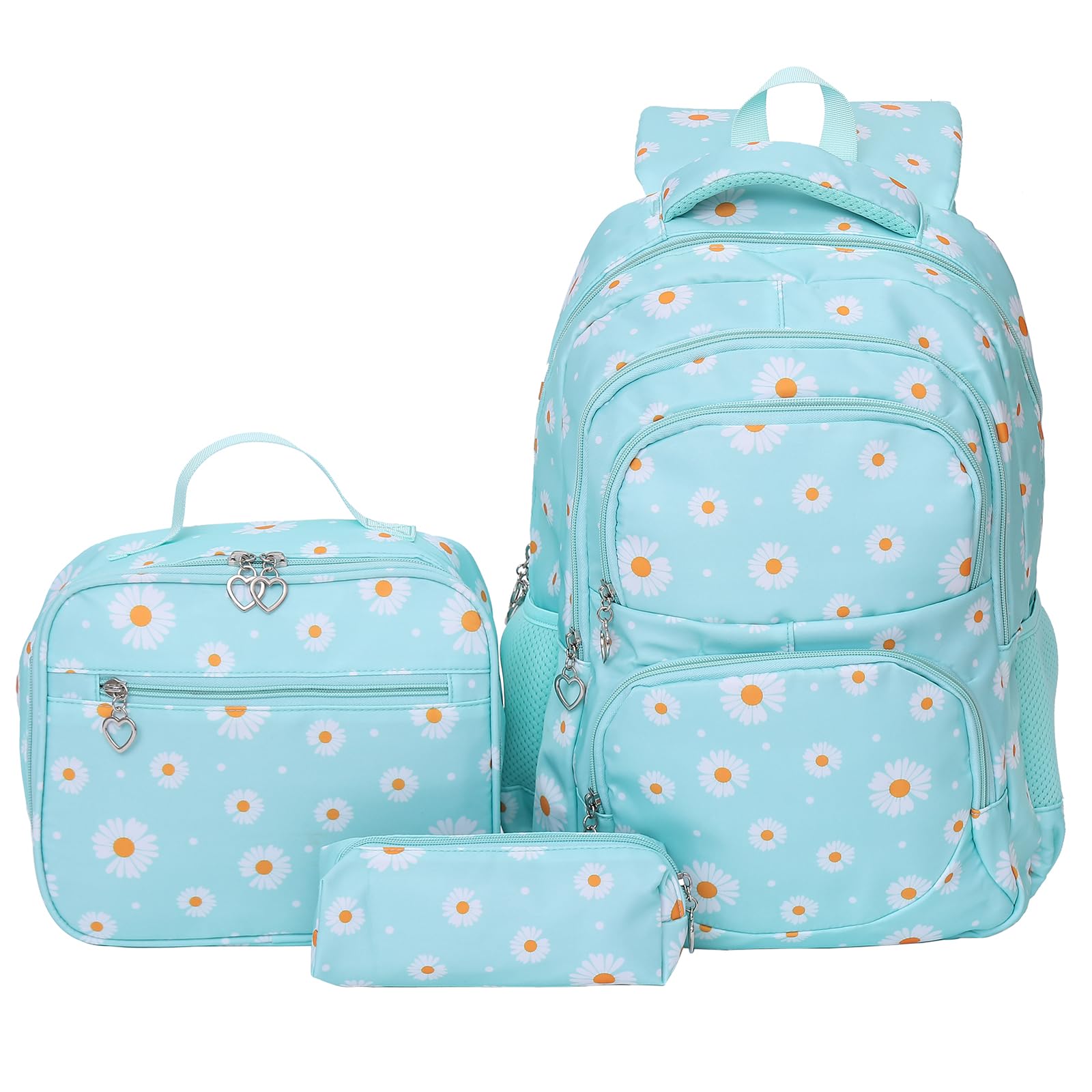 NIWEIYA 3-piece Daisy Backpack Print Girls Backpack Waterproof Children's Schoolbag Set Student Daily Lunch Bag (Green)