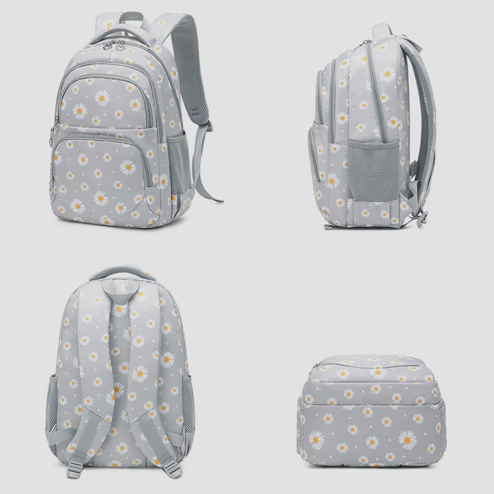 NIWEIYA 3-piece Daisy Backpack Print Girls Backpack Waterproof Children's Schoolbag Set Student Daily Lunch Bag (Green)