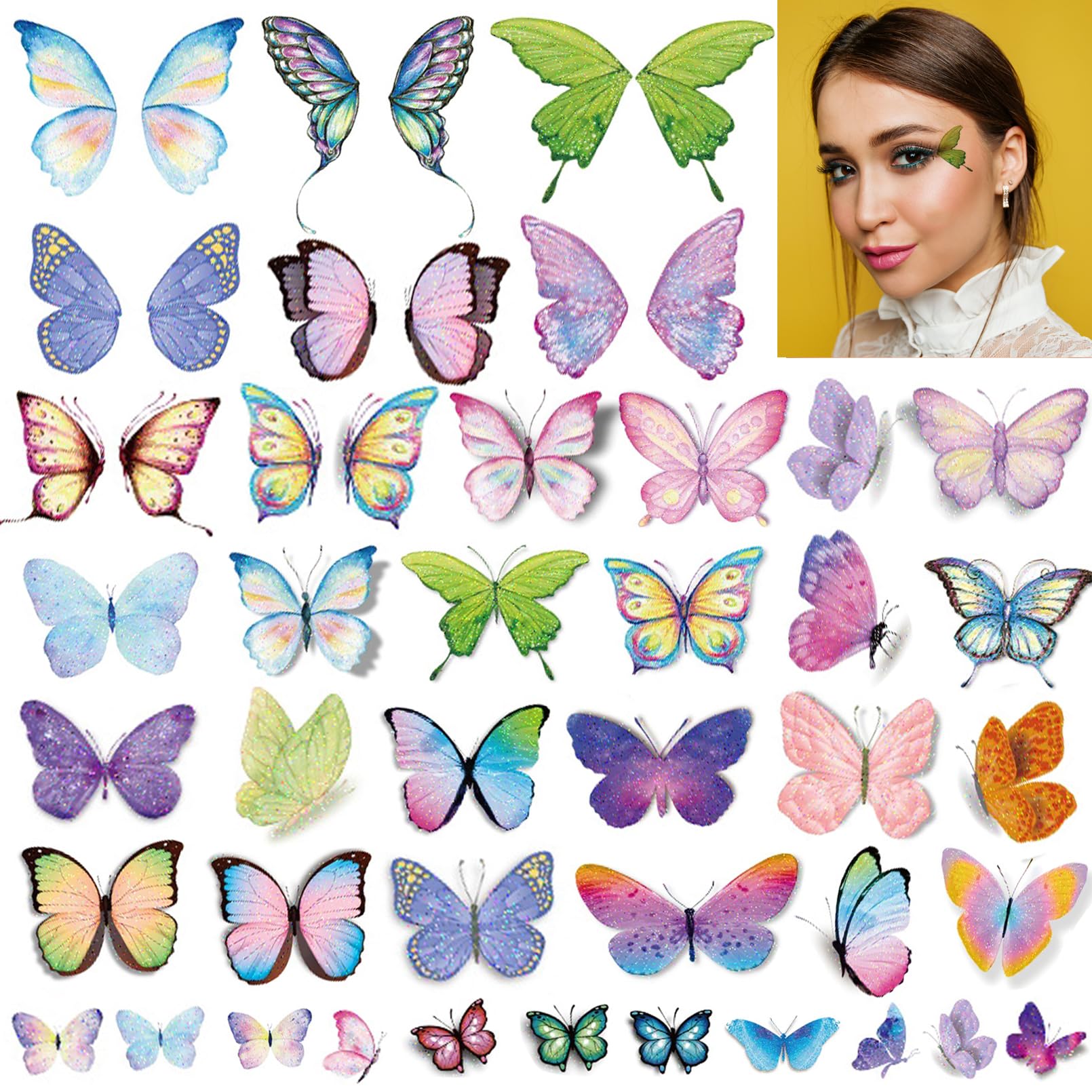 Onogola Glitter Butterfly Makeup Temporary Tattoos for Women Girls, 10Sheets Colorful Butterflies Wings Fake Tattoo Stickers Waterproof for Face Eye Makeup Birthday Party Favors Gifts