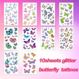 Onogola Glitter Butterfly Makeup Temporary Tattoos for Women Girls, 10Sheets Colorful Butterflies Wings Fake Tattoo Stickers Waterproof for Face Eye Makeup Birthday Party Favors Gifts