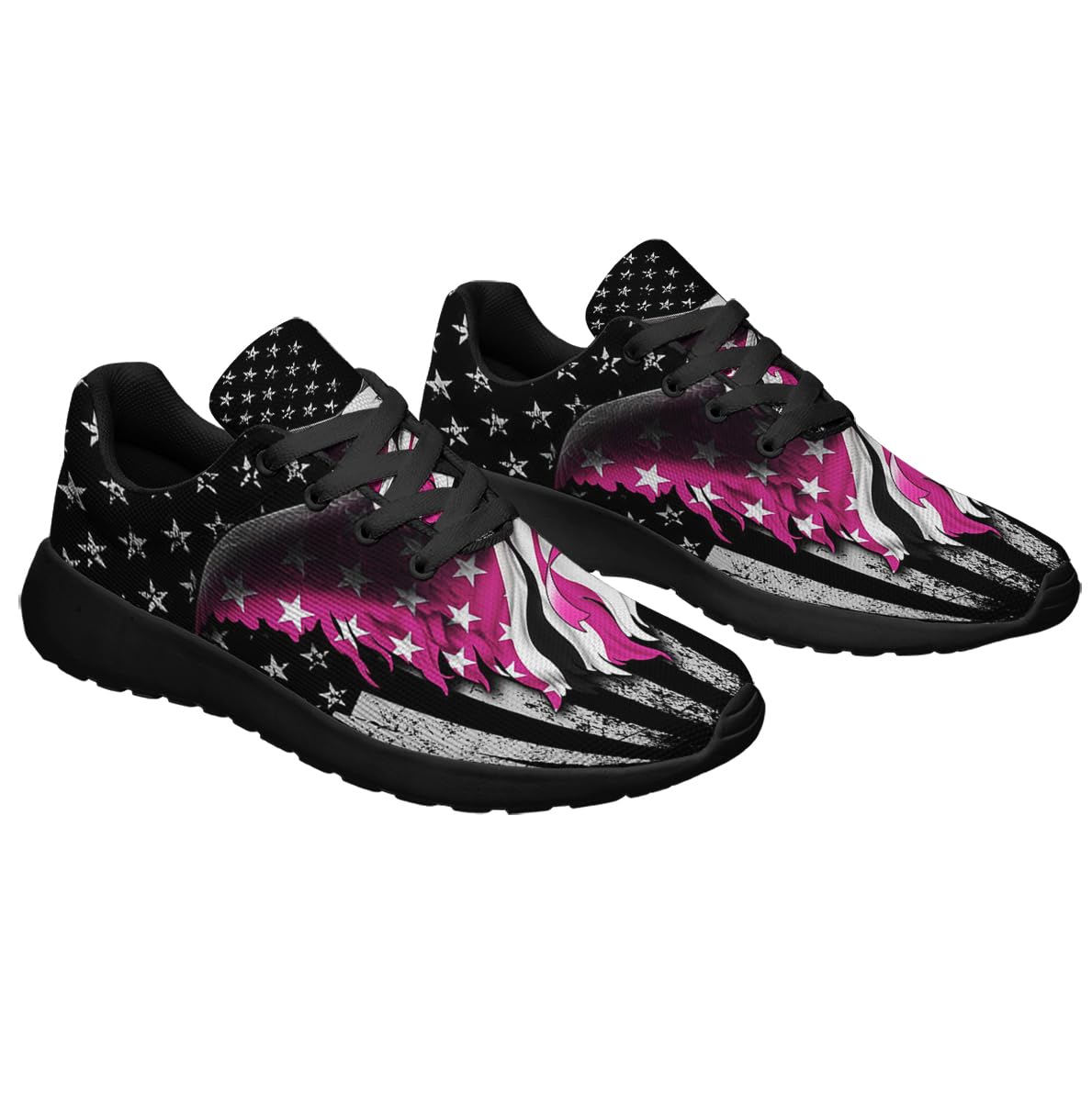 Breast Cancer Awareness Shoes Women Fashion Running Sneakers Breathable Casual Sport Tennis Shoes Black Size 4