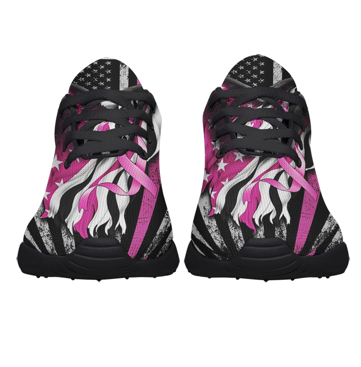 Breast Cancer Awareness Shoes Women Fashion Running Sneakers Breathable Casual Sport Tennis Shoes Black Size 4