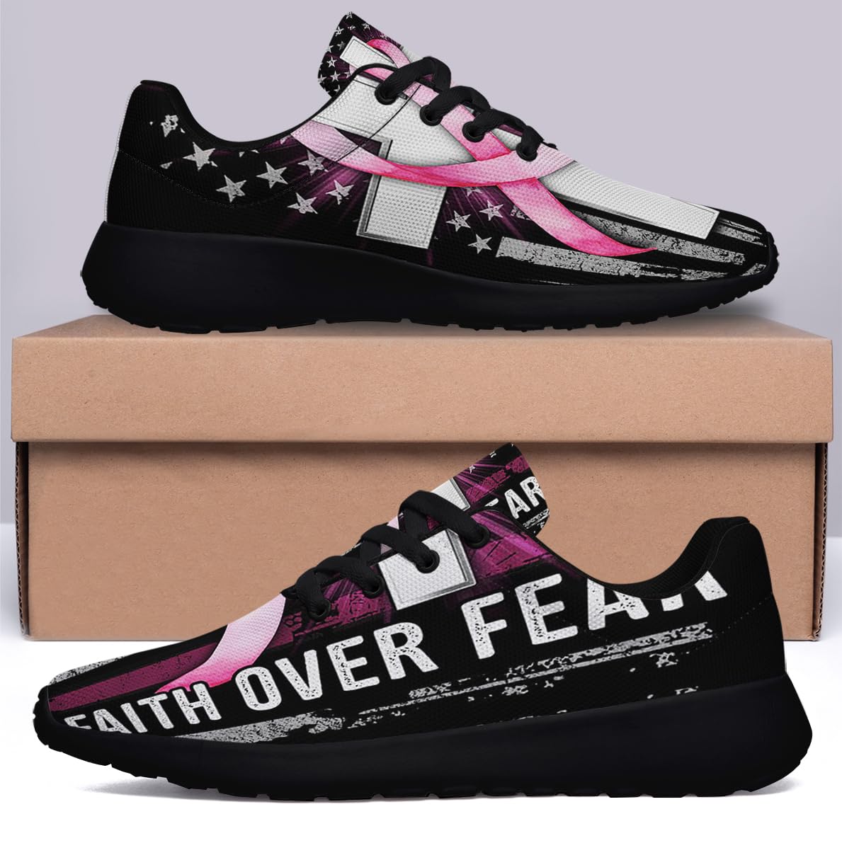 Faith Over Fear Breast Cancer Awareness Shoes Women Fashion Running Sneakers Breathable Casual Sport Tennis Shoes Black Size 11