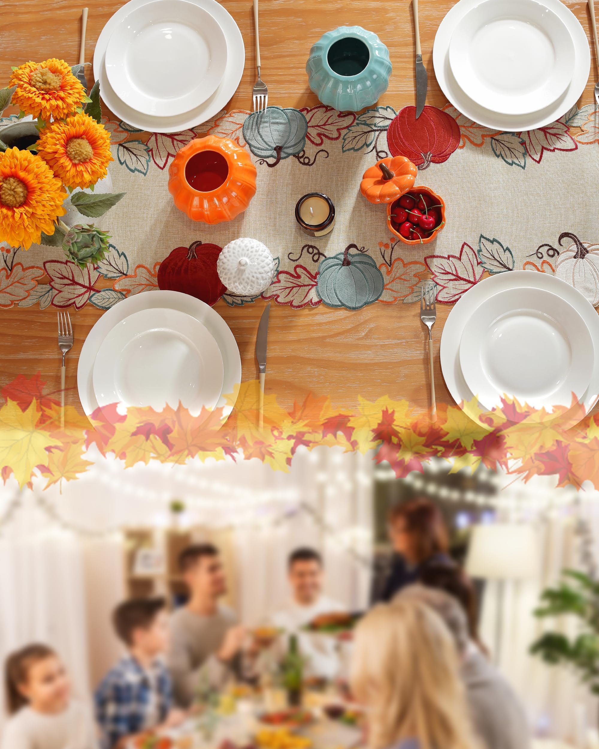 Thanksgiving Table Runner Fall Decorations for Home Fall Table Runner with Embroidered Velvet Pumpkins Maple Leaf. Halloween/ Christmas Table Decorations for Kitchen Dining Harvest Party Decor