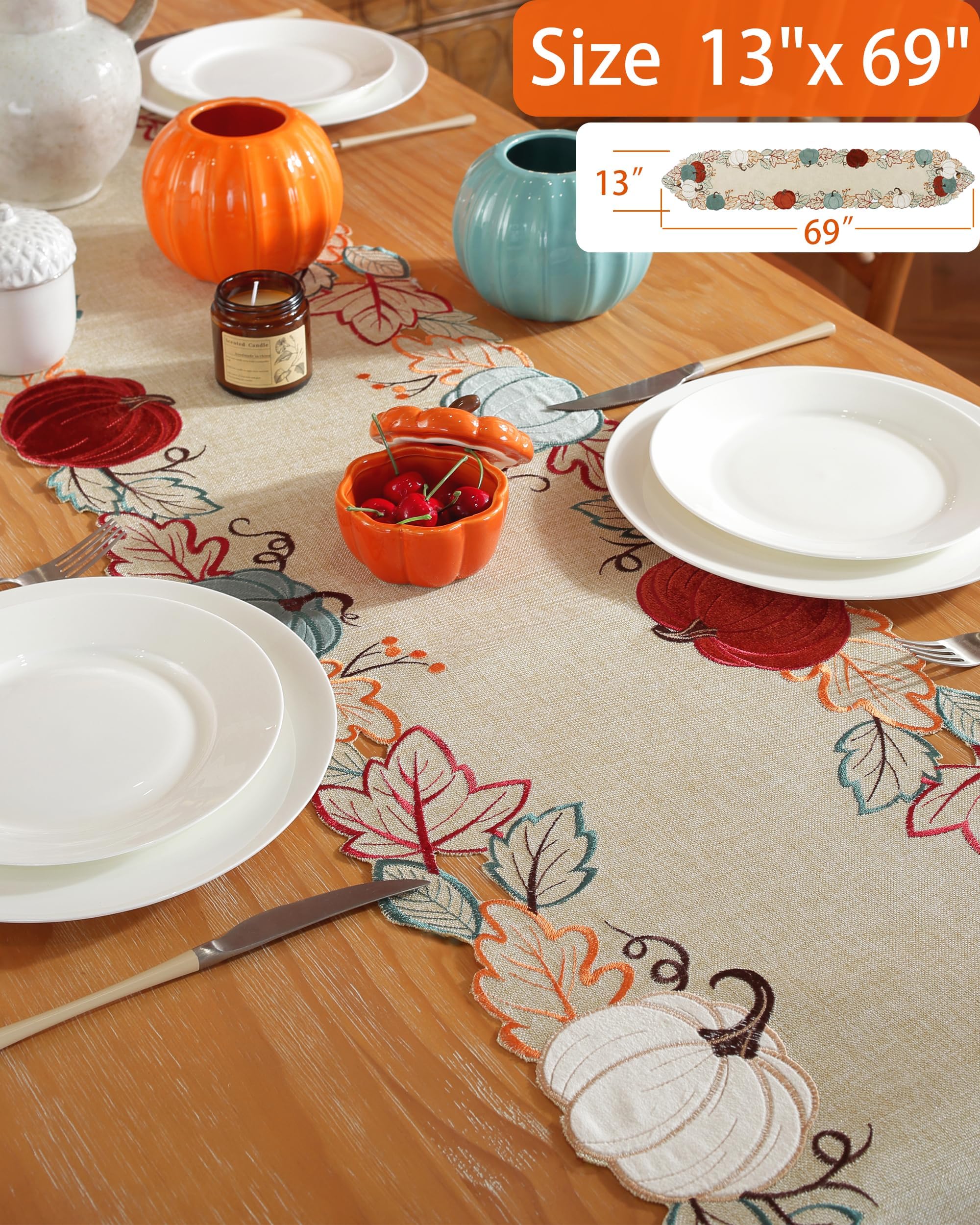 Thanksgiving Table Runner Fall Decorations for Home Fall Table Runner with Embroidered Velvet Pumpkins Maple Leaf. Halloween/ Christmas Table Decorations for Kitchen Dining Harvest Party Decor