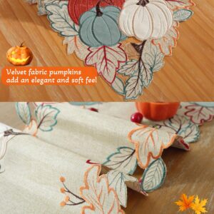 Thanksgiving Table Runner Fall Decorations for Home Fall Table Runner with Embroidered Velvet Pumpkins Maple Leaf. Halloween/ Christmas Table Decorations for Kitchen Dining Harvest Party Decor