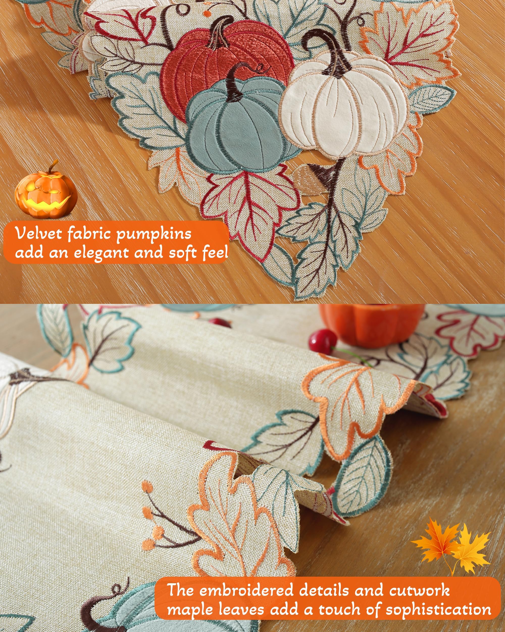 Thanksgiving Table Runner Fall Decorations for Home Fall Table Runner with Embroidered Velvet Pumpkins Maple Leaf. Halloween/ Christmas Table Decorations for Kitchen Dining Harvest Party Decor