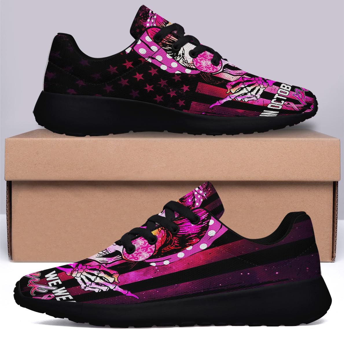 Breast Cancer Awareness in October We Wear Pink Shoes Women Fashion Running Sneakers Breathable Casual Sport Tennis Shoes Black Size 8.5