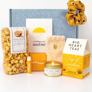 unboxme sunshine celebration gift for women | self care package with herbal tea, popcorn, bath bomb, candle, fluffy socks, lip balm, scrunchie & sending sunshine card | mother's day gifts