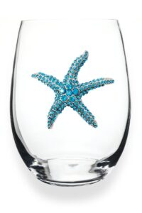 the queens' jewels blue starfish jeweled stemless wine glass, 21 oz. - unique gift for women, birthday, cute, fun, not painted, decorated, bling, bedazzled, rhinestone
