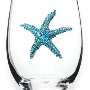 THE QUEENS' JEWELS Blue Starfish Jeweled Stemless Wine Glass, 21 oz. - Unique Gift for Women, Birthday, Cute, Fun, Not Painted, Decorated, Bling, Bedazzled, Rhinestone