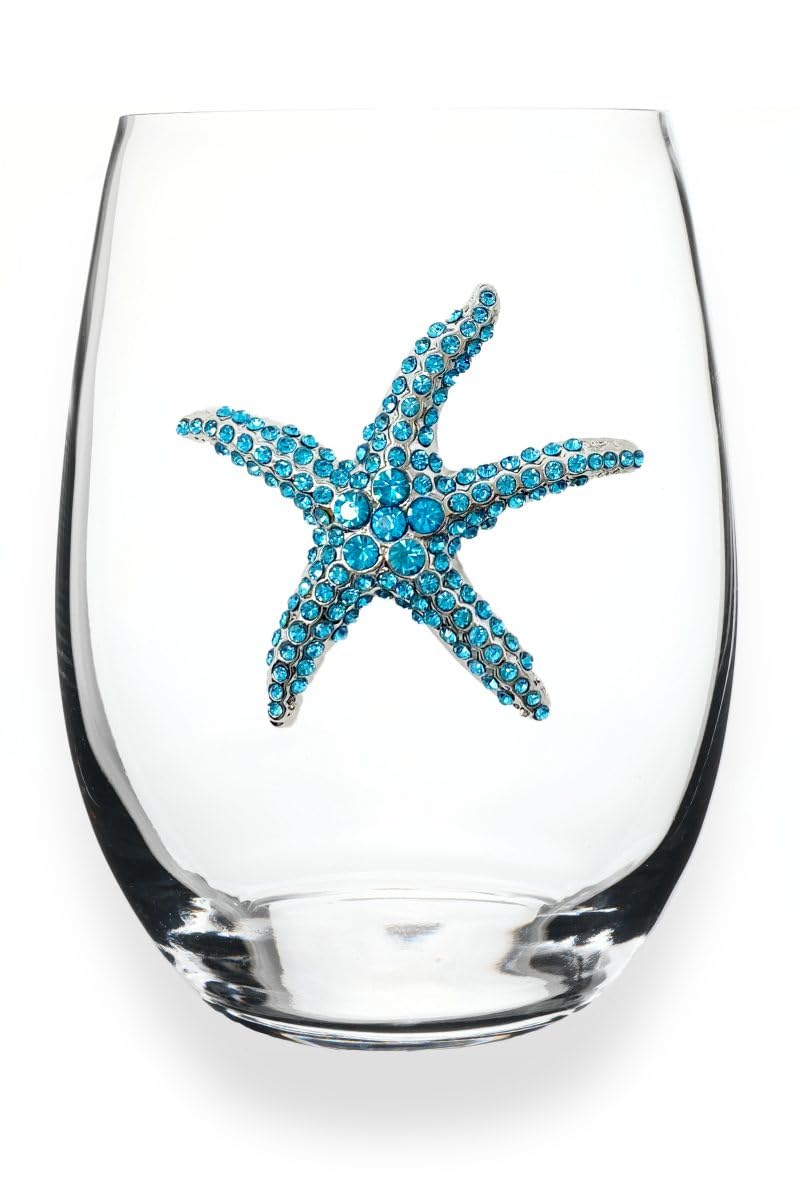 THE QUEENS' JEWELS Blue Starfish Jeweled Stemless Wine Glass, 21 oz. - Unique Gift for Women, Birthday, Cute, Fun, Not Painted, Decorated, Bling, Bedazzled, Rhinestone