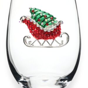 THE QUEENS' JEWELS Red Christmas Sleigh Jeweled Stemless Wine Glass, 21 oz. - Unique Gift for Women, Birthday, Cute, Fun, Not Painted, Decorated, Bling, Bedazzled, Rhinestone