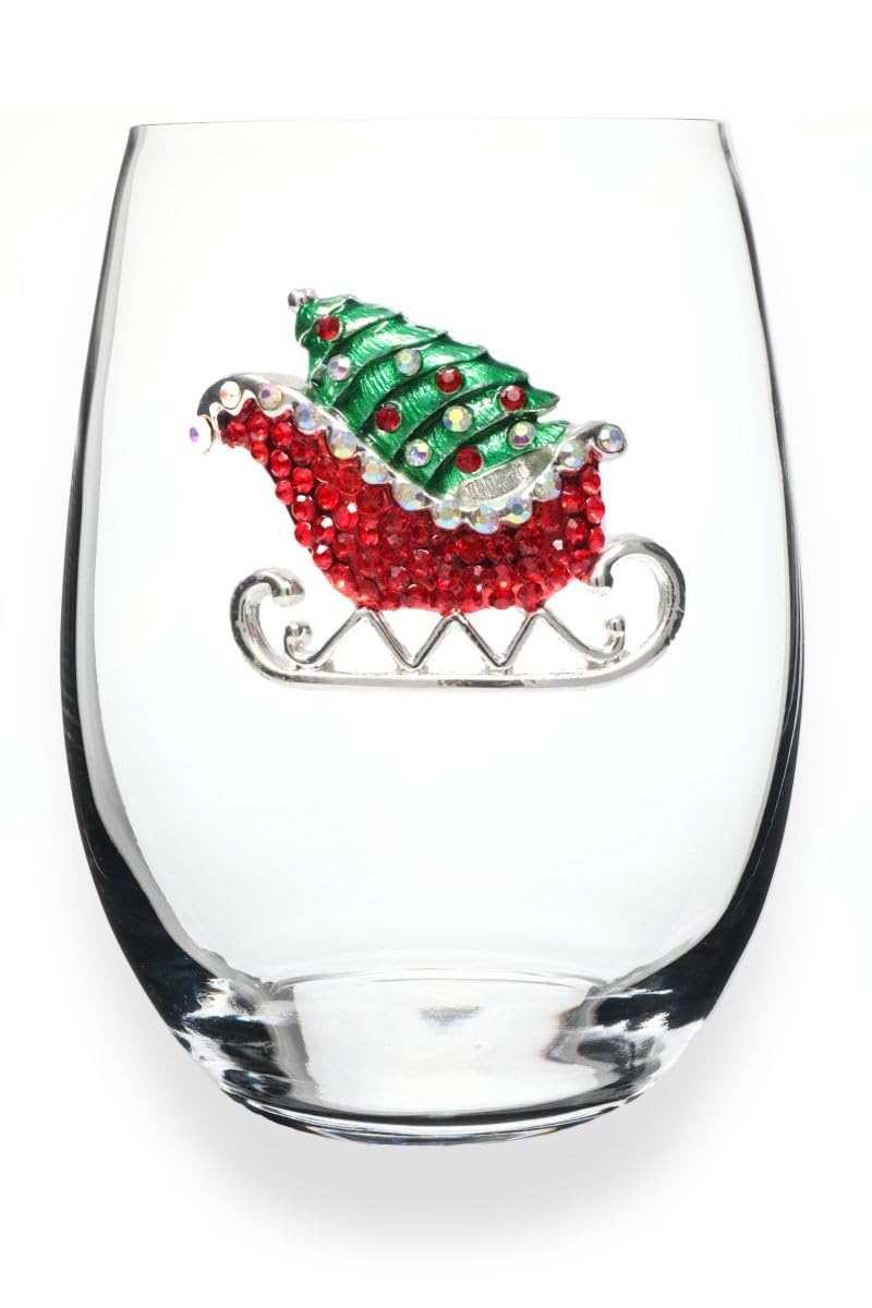 THE QUEENS' JEWELS Red Christmas Sleigh Jeweled Stemless Wine Glass, 21 oz. - Unique Gift for Women, Birthday, Cute, Fun, Not Painted, Decorated, Bling, Bedazzled, Rhinestone