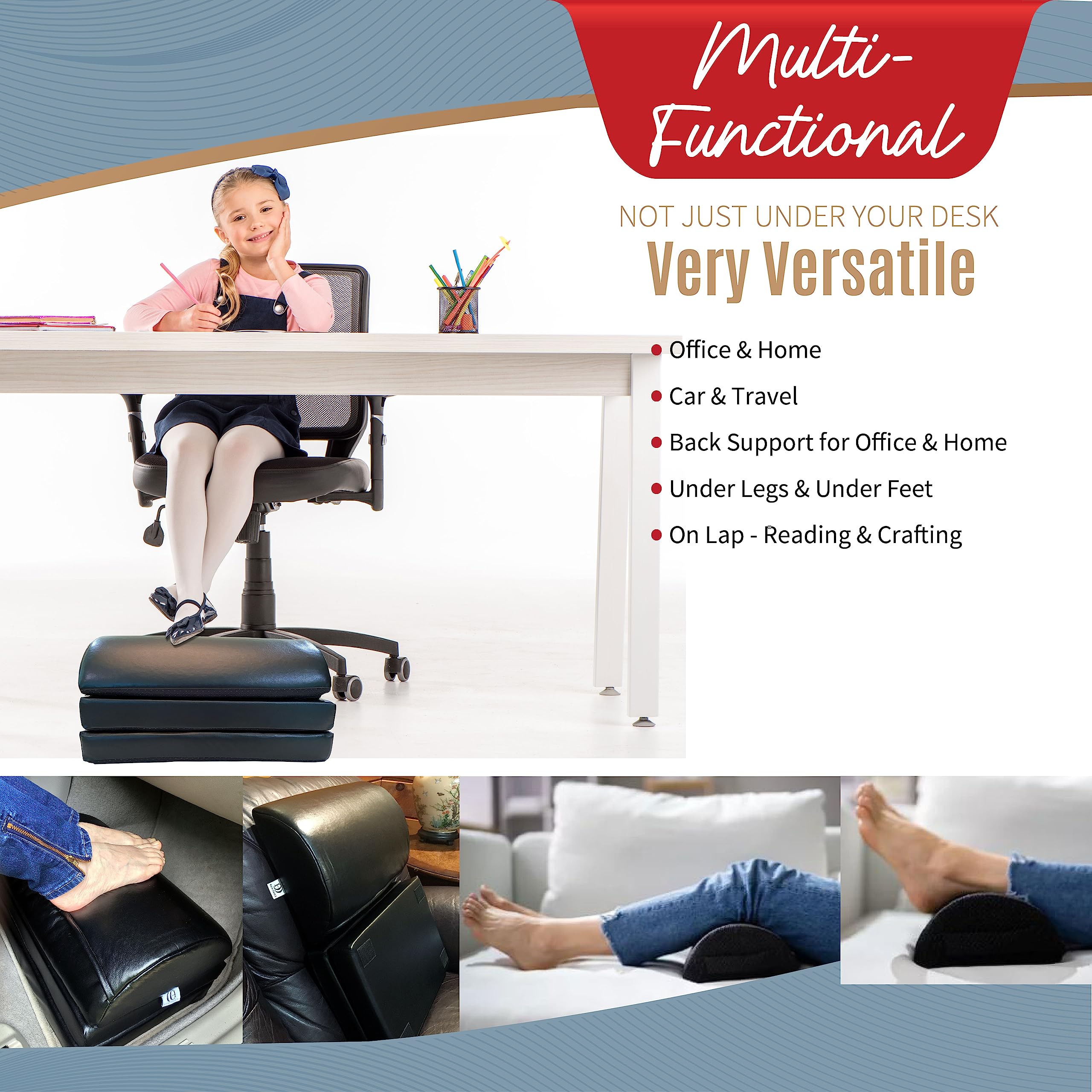 Under the Desk Foot Rest for Office, Work, Gaming, Car - Premium Memory Foam w PU Leather, Leg Pillow for Hip-Back Pain Relief - Adjustable Footrest, Ottoman Foot Stool w Cozy Foot Pocket. Easy CLEAN!