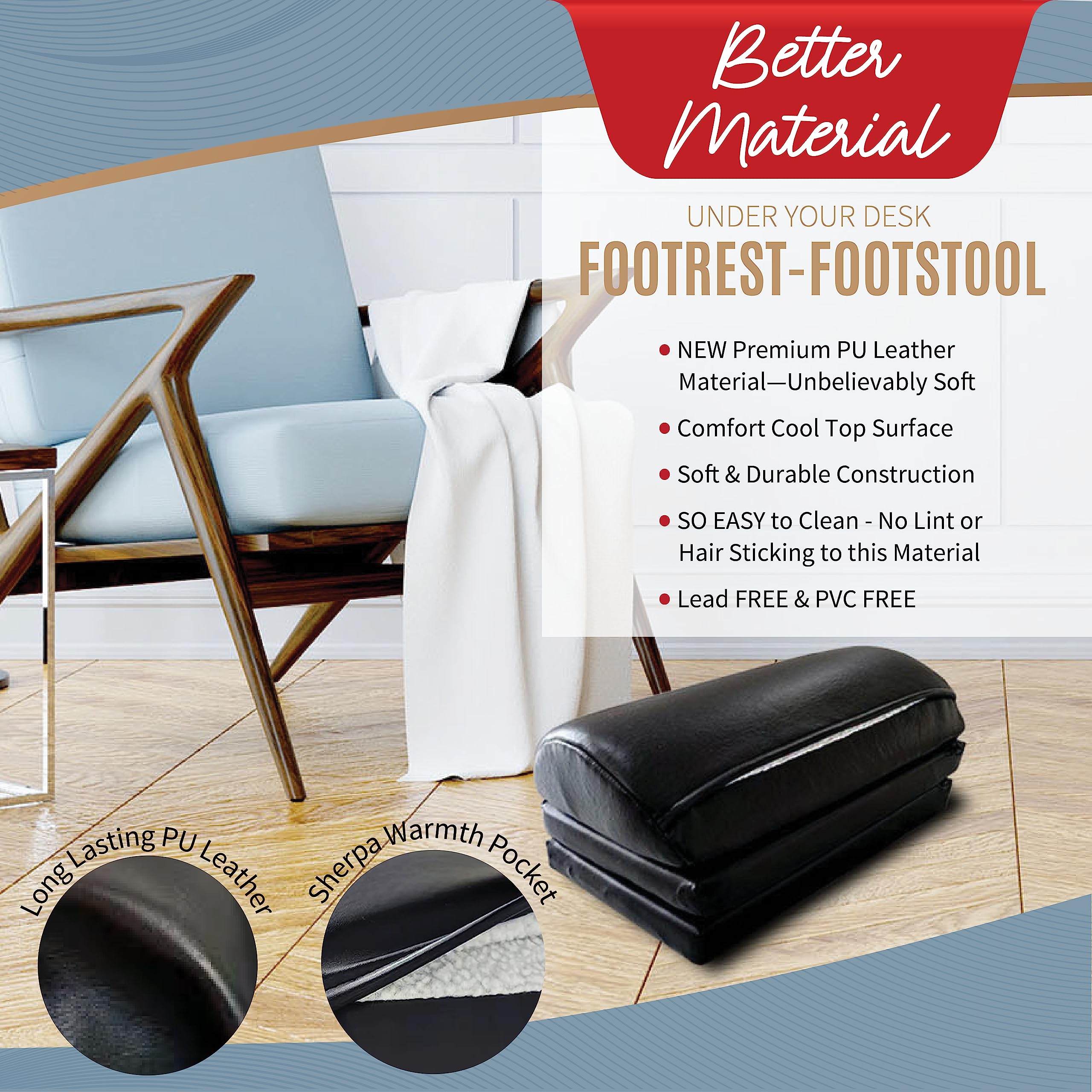 Under the Desk Foot Rest for Office, Work, Gaming, Car - Premium Memory Foam w PU Leather, Leg Pillow for Hip-Back Pain Relief - Adjustable Footrest, Ottoman Foot Stool w Cozy Foot Pocket. Easy CLEAN!