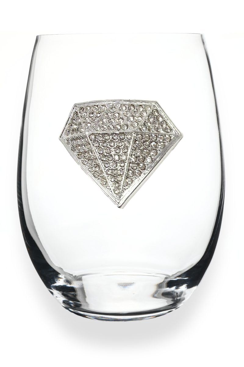 THE QUEENS' JEWELS Diamond Jeweled Stemless Wine Glass, 21 oz. - Unique Gift for Women, Birthday, Cute, Fun, Not Painted, Decorated, Bling, Bedazzled, Rhinestone