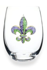 the queens' jewels purple and green fleur de lis jeweled stemless wine glass, 21 oz. - unique gift for women, birthday, cute, fun, not painted, decorated, bling, bedazzled, rhinestone