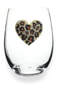 the queens' jewels leopard heart jeweled stemless wine glass, 21 oz. - unique gift for women, birthday, cute, fun, not painted, decorated, bling, bedazzled, rhinestone