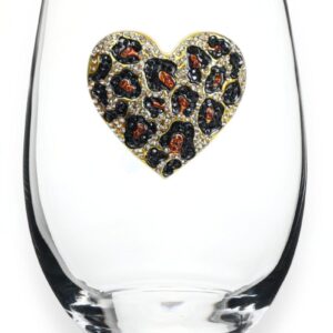 THE QUEENS' JEWELS Leopard Heart Jeweled Stemless Wine Glass, 21 oz. - Unique Gift for Women, Birthday, Cute, Fun, Not Painted, Decorated, Bling, Bedazzled, Rhinestone