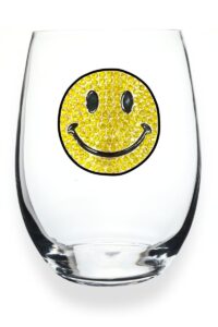 the queens' jewels smiley face jeweled stemless wine glass, 21 oz. - unique gift for women, birthday, cute, fun, not painted, decorated, bling, bedazzled, rhinestone
