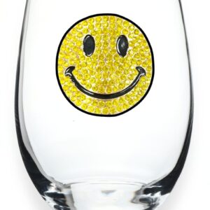 THE QUEENS' JEWELS Smiley Face Jeweled Stemless Wine Glass, 21 oz. - Unique Gift for Women, Birthday, Cute, Fun, Not Painted, Decorated, Bling, Bedazzled, Rhinestone