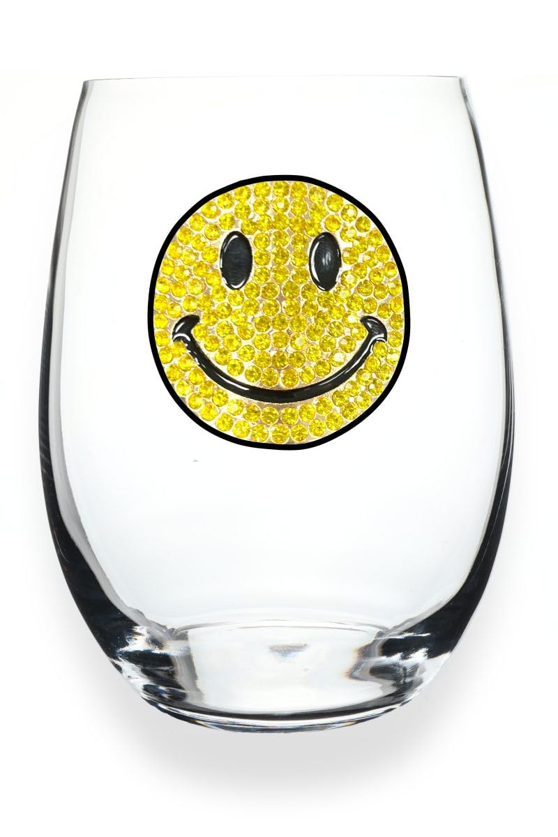 THE QUEENS' JEWELS Smiley Face Jeweled Stemless Wine Glass, 21 oz. - Unique Gift for Women, Birthday, Cute, Fun, Not Painted, Decorated, Bling, Bedazzled, Rhinestone