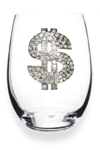 the queens' jewels diamond dollar jeweled stemless wine glass, 21 oz. - unique gift for women, birthday, cute, fun, not painted, decorated, bling, bedazzled, rhinestone