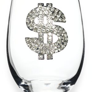 THE QUEENS' JEWELS Diamond Dollar Jeweled Stemless Wine Glass, 21 oz. - Unique Gift for Women, Birthday, Cute, Fun, Not Painted, Decorated, Bling, Bedazzled, Rhinestone