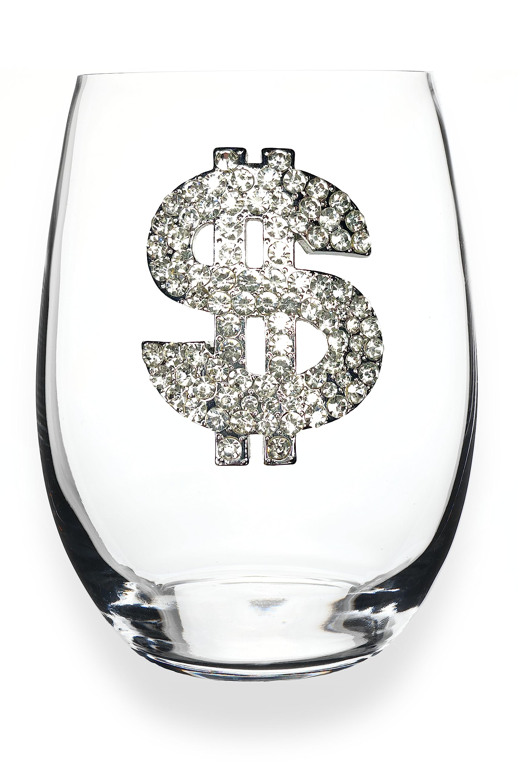 THE QUEENS' JEWELS Diamond Dollar Jeweled Stemless Wine Glass, 21 oz. - Unique Gift for Women, Birthday, Cute, Fun, Not Painted, Decorated, Bling, Bedazzled, Rhinestone